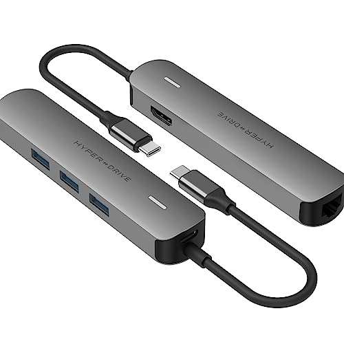 HyperDrive Tube 6 in 1 hub with USB C to ethernet + HDMI 4K 30Hz + 3 x USB A + PD (max 60W) Dock Adapter for MacBook, Windows OS, iPad, Chromebook, Surface, Android Type C Port Devices 2