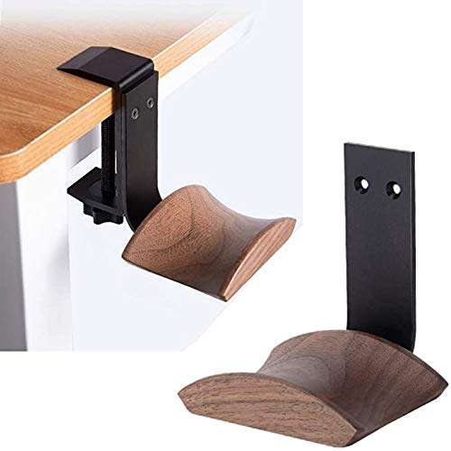 KiaoTime Clamp Type Headphone Holder Stand Hanger Bracket Wood Headphone Headset Hanger Holder Clamp Rack Hook Under Desk Table Headphone Hanger Holder, Universal Fit (Dark Brown & Black) 4