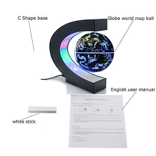 FUGEST Magnetic Floating Globe 2 in 1 Blue 4in Constellations Globe World Map C Shape Base LED Light Lamp Rotating 6
