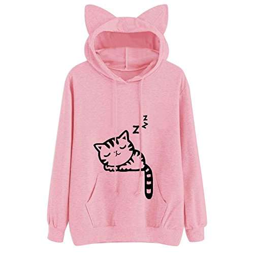 Women Teen Girl Hoodies Cute Cat Ear Novelty Printed Pullover Sweatshirt Funny Sports Tops with Kangaroo Pocket( Pink, XX-Large ) 1