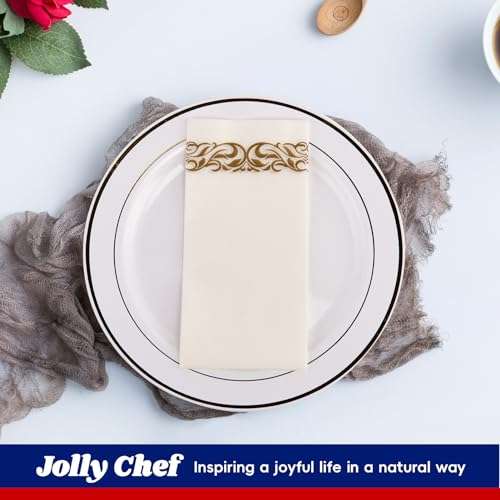 Jolly CHEF Disposable Hand Towels, Soft and Absorbent Line-Feel Dinner Napkin, Elegant Decorative Paper Guest Towels for Kitchen, Bathroom,Weddings,Parties, Gold and White 2