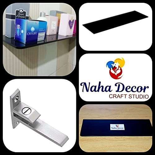 Naha Decor CRAFT STUDIO Rectangle Black Glass Shelf for Bathroom/Kitchen Shelf/Living Room Multipurpose Wall Shelf (Size - L 44.5 cm/W 15.24 cm & 6 mm Thickness) Pack of 3 4