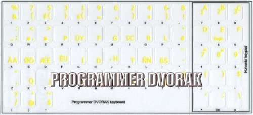 PROGRAMMER DVORAK KEYBOARD LABELS LAYOUT WITH YELLOW LETTERING ON TRANSPARENT BACKGROUND 2