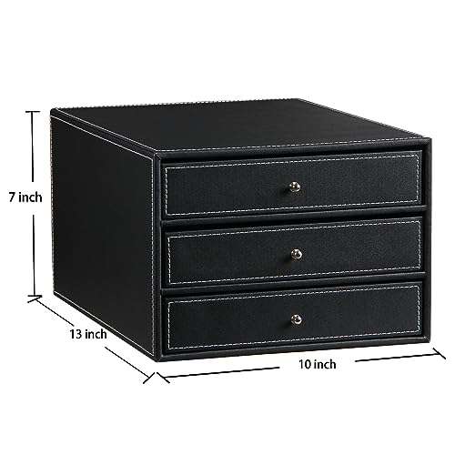 PU Leather Desktop Organizer with Drawers,3 Drawer Office Desk Organizer,Desktop Storage for Office Supplies/A4 Paper/Magazine/Book,for Office School Home.Black 2