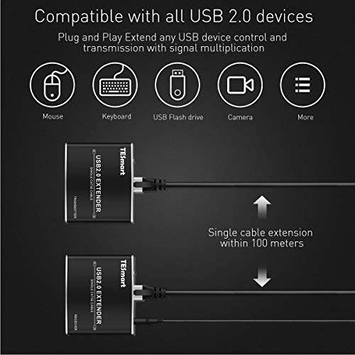 TESmart 328 ft (100m) USB 2.0 Extender USB to CAT RJ45 LAN UTP Cable Extension USB 2.0 Repeater with Power 6