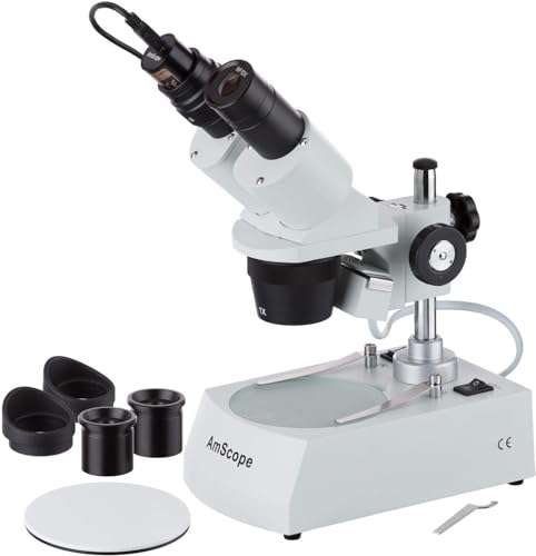 AmScope SE305R-PZ-E2 Digital Forward-Mounted Binocular Stereo Microscope, WF10x and WF20x Eyepieces, 10X/20X/30X/60X Magnification, 1X and 3X Objectives, Upper and Lower Halogen Lighting, Reversible Black/White Stage Plate, Pillar Stand, 120V, Includes 2MP Camera and Software 1