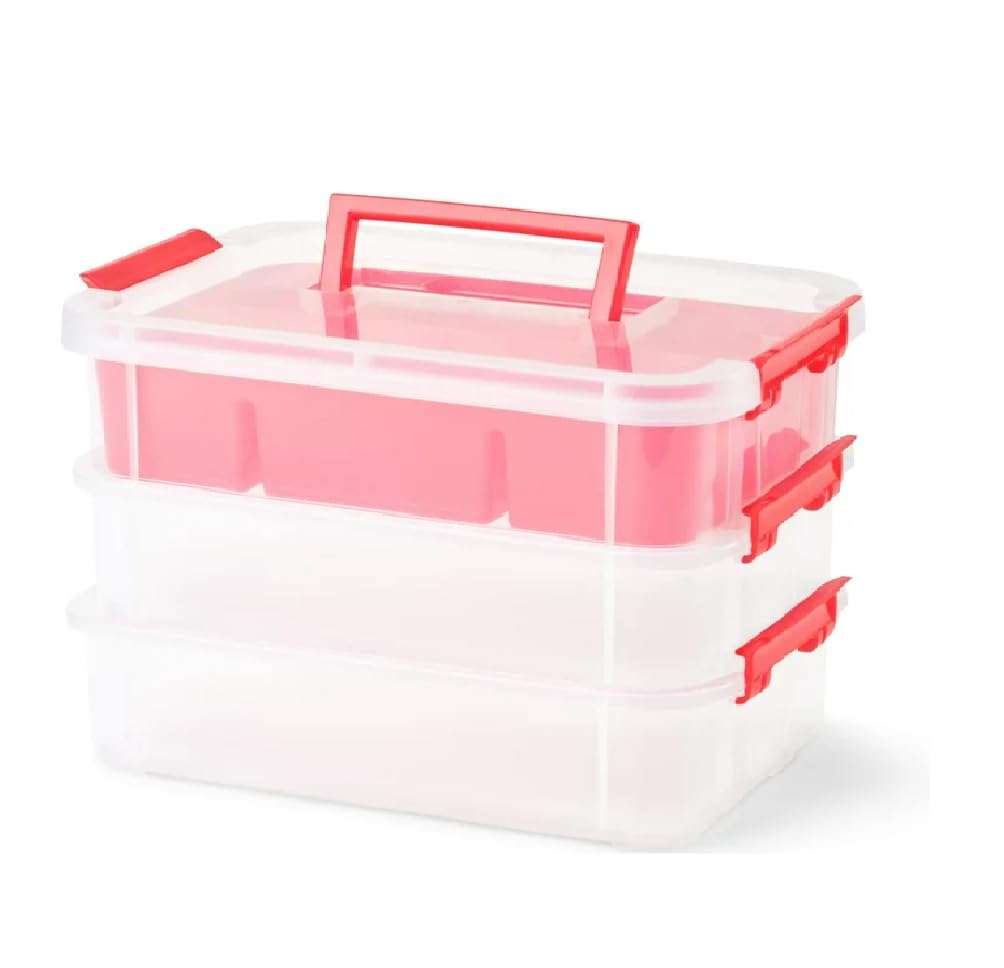 Kesi 2 Layer Stack & Carry Box, Plastic Multipurpose Portable Storage Container Box Handled Organizer Storage Box for Organizing Stationery, Sewing, Art Craft, Jewelry and Beauty Supplies(multicolur) 4
