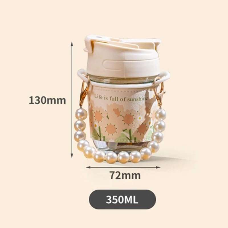 Pearl Carry Chain Glass Water Bottle with Straw Flower Glass Bottle Coffee Mugs Drinkware Girl Water Bottle 350 ml (1) 5