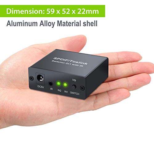 LiNKFOR 2x1 Digital Optical Audio Switch with IR Remote Control Digital Audio SPDIF Toslink Optical Fiber Switcher 2 in 1 Out Aluminum Alloy with 6ft Optical Cable for PS3 Xbox Blue-Ray DVD HDTV 5