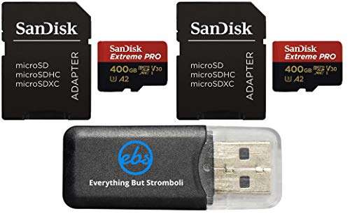 SanDisk 400GB Micro SDXC Extreme Pro Memory Card (2 Pack) Works with GoPro Hero 8 Black, Max 360 Cam U3 V30 4K Class 10 (SDSDQXCZ-400G-GN6MA) Bundle with (1) Everything But Stromboli MicroSD Reader 1