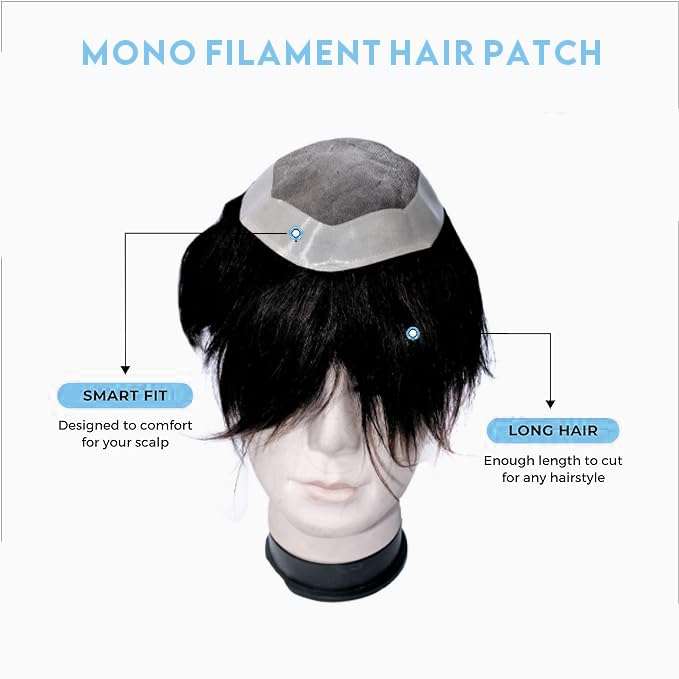 Majik Monofilament Human Hair Patches Hair Wig Hair Toupee with PU Poly Skin Coating around Cap for Men 10x8 Inch Medium Brown with Brush Tape Clips 5