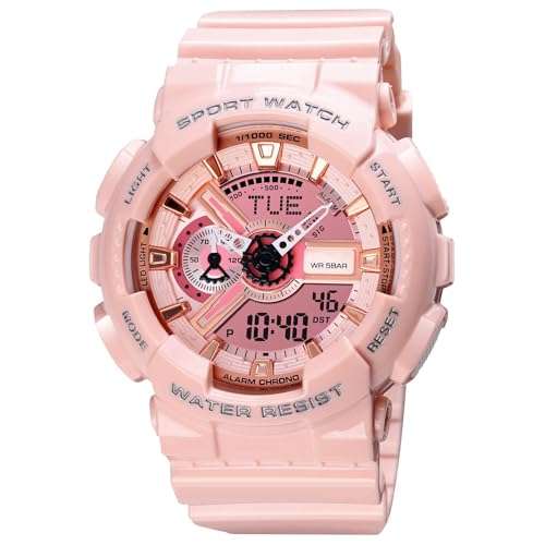 CARLIEN Men's Analog Digital Display LED Watch Military Multifunctional Waterproof Quartz Sports Watch with Transparent Strap (Pink Pink) 1