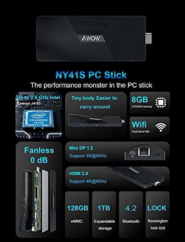 AWOW Fanless Mini PC Stick Windows 11 Pro 8GB RAM 256GB ROM, Celeron J4105 Mini Computer Stick Support HDMI/Mini DP Dual 4K@60Hz, Dual Band WiFi, BT, Gigabit Ethernet, Stick PC for Home/Office/IOT 2