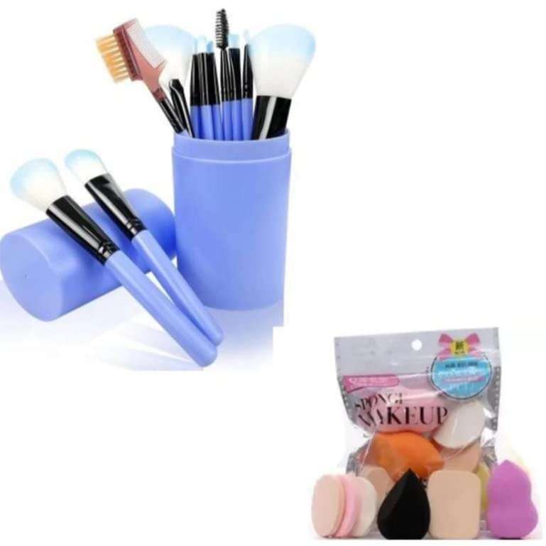 BELLAS Makeup Brush Sets - 12 Pcs Blue Makeup Brushes For Foundation Eyeshadow Eyebrow Eyeliner Blush Powder Concealer Contour with 6in1 Puffs Pack 1