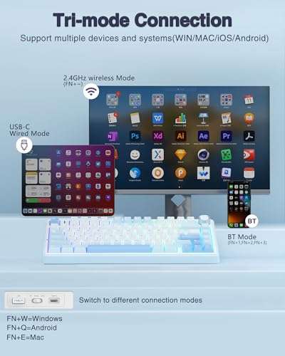 AULA F75 75% Wireless Mechanical Keyboard, Hot Swappable Creamy Keyboard, Pre-lubed Greywood Switches RGB Backlit Gaming Keyboards, 2.4GHz/Type-C/BT5.0(Salt White Blue) 3