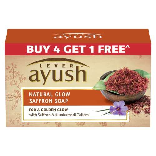 Lever Ayush Natural Fairness Saffron Soap, 100 g each (Buy 4 Get 1)
