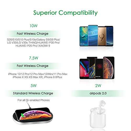 ZealSound 5 Coils Wireless Charger Charging Pad, Fast Quick Anti-Slip Silicon Metal Aluminum w/QC 3.0 Adapter Chargers Station Dock for Qi New AirPods Multiple Devices Can't Support 15W Phones-Black 6