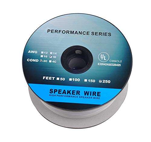 250ft (76m) Pro Series 18 Gauge 2-Conductor Speaker Wire (250 Feet / 76 Meter) White 99.9% Oxygen Free Copper ETL Listed & CL2 Rated with White PVC Jacket (for in-Wall Installation) (CNE780012) 1
