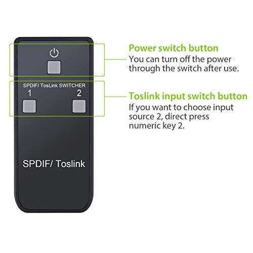 LiNKFOR 2x1 Digital Optical Audio Switch with IR Remote Control Digital Audio SPDIF Toslink Optical Fiber Switcher 2 in 1 Out Aluminum Alloy with 6ft Optical Cable for PS3 Xbox Blue-Ray DVD HDTV 6