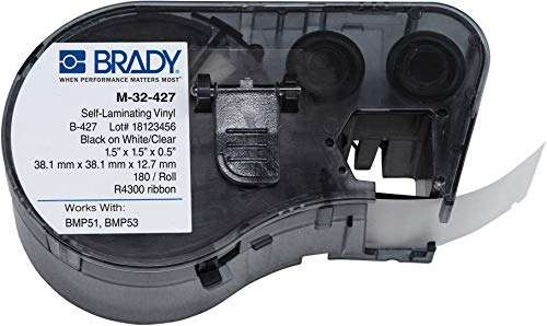 Brady - 143268 M-32-427 Vinyl B-427 Black on White/Clear Label Maker Cartridge, 1-1/2" Width x 1-1/2" Height, For BMP51/BMP53 Printers 1