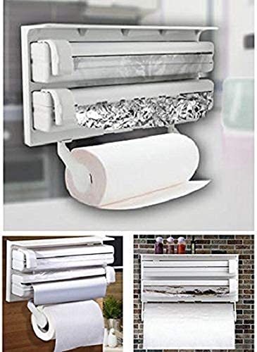KITCHEN EMPIRE 3 in 1 Wrap Center Holds Silver Foil, Plastic Wrap, and Paper Towels / 3 in 1 Kitchen Triple Paper Dispenser & Holder Paper/Foil/Cling Wrap (White)