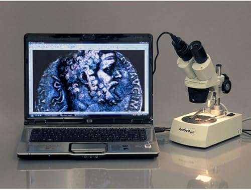 AmScope SE305R-PX Forward-Mounted Binocular Stereo Microscope, WF5x and WF10x Eyepieces, 5X/10X/15X/30X Magnification, 1X and 3X Objectives, Upper and Lower Halogen Lighting, Reversible Black/White Stage Plate, Pillar Stand, 120V 6