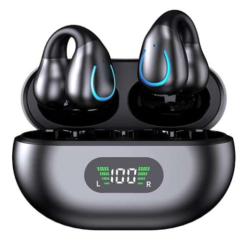 Open Ear Bone Conduction Earbuds Wireless Clip On Headphones with Digital Display Charging Case with Ear Hook Built-in Mic IPX7 Waterproof Bluetooth 5.3 Sport Earphones for Running Fitness Black 1