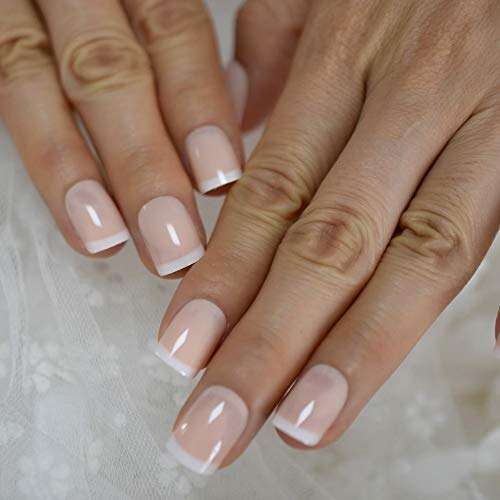 Beige French Nails White Tip Squoval False Nails Short Medium Size Ladies Artificial Manicure Tips for Daily Wear 5