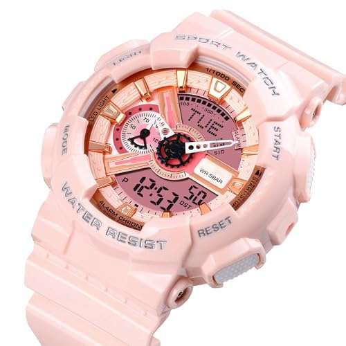 CARLIEN Men's Analog Digital Display LED Watch Military Multifunctional Waterproof Quartz Sports Watch with Transparent Strap (Pink Pink) 6