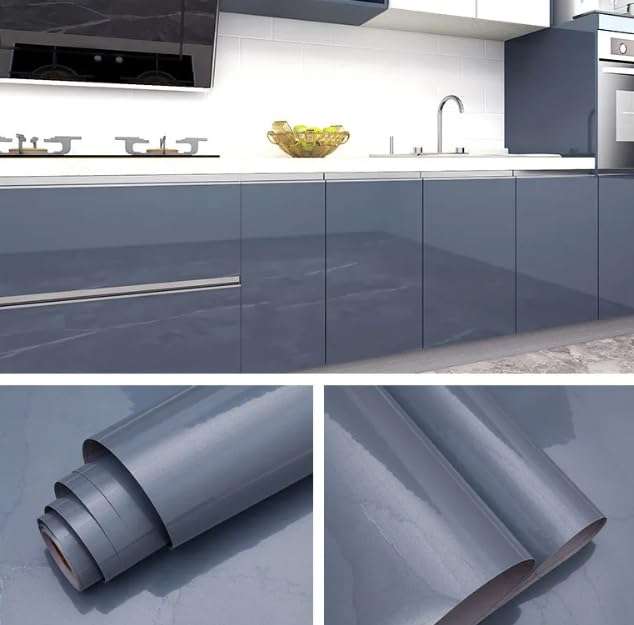 AMAZBIRD Contact Paper Shiny Countertop for Cabinets Glossy Colored Wall Paper Furniture Self Adhesive Kitchen Wallpaper Drawer Liner Waterproof Easy to Clean (2Feet' X 8.3Feet', Dark Gry Vinyl) 1