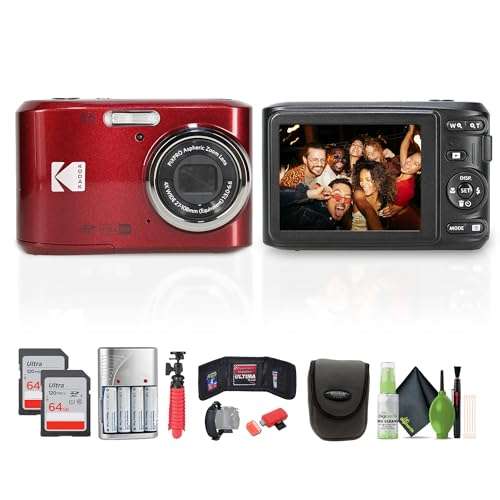 Kodak Pixpro FZ45 Digital Camera (Red) Bundle Including: 2X 64 GB Memory Card, Rechargeable Batteries, Camera Case, Flexible Tripod, Card Reader, Card Wallet, Hand Strap, Full Cleaning Kit 1