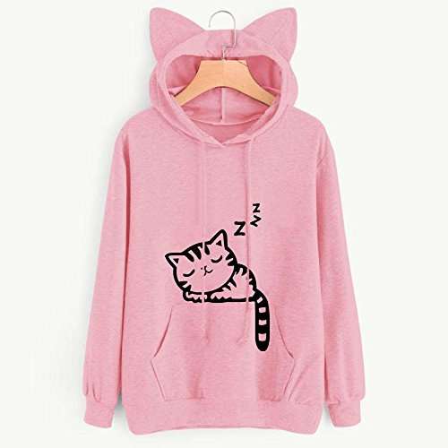 Women Teen Girl Hoodies Cute Cat Ear Novelty Printed Pullover Sweatshirt Funny Sports Tops with Kangaroo Pocket( Pink, XX-Large ) 2