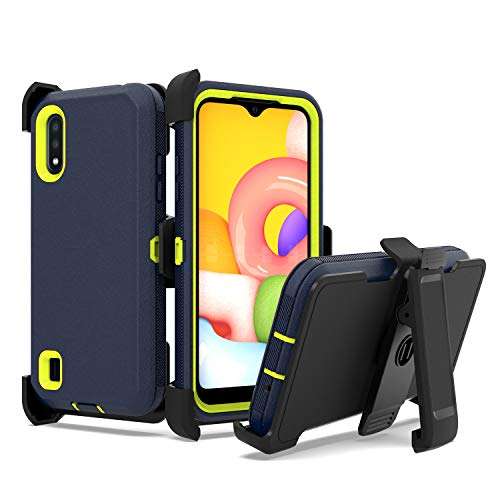 UNC Pro 3 in 1 Belt Clip Holster Cell Phone Case for Samsung Galaxy A01, Heavy Duty Hybrid Shockproof Bumper Case with Kickstand, Navy Blue/Yellow 1