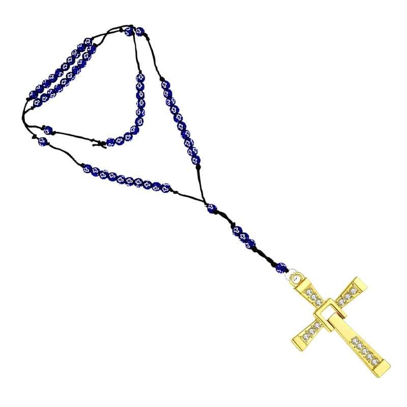 M Men Style Religious Lord Jesus Christ Crystal Cross Gold and Blue Catholic Rosary Beads Car Rearview Mirror Charm Car Dangler Ornament, Accessories, Gift SCrMa2024314 3