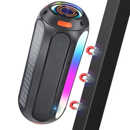 ATOVANKA Magnetic Solar Bluetooth Speaker,Portable Golf Cart Speaker with 7 Colorful Flashing Lights, 30W Super Bass 15H Playtime, IP66 Waterproof, for Outdoor, Home, Party, Beach, Travel
