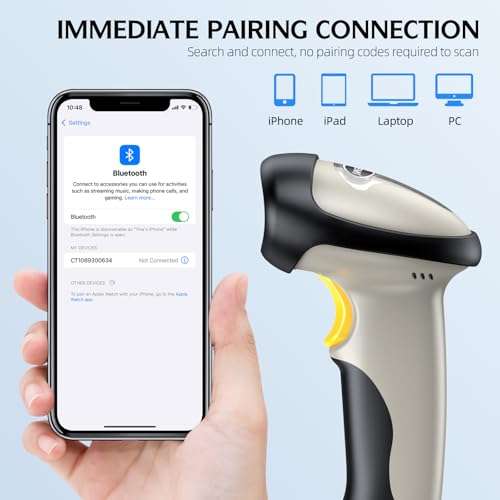 TEEMI Bluetooth Barcode Scanner, 1D Handheld Laser Bar Code Reader with Auto Sensing & Fast Accurate Scanning, Easy Pairing with iPad, iPhone, Android Smartphone, Tablet, PC – No Stand 2
