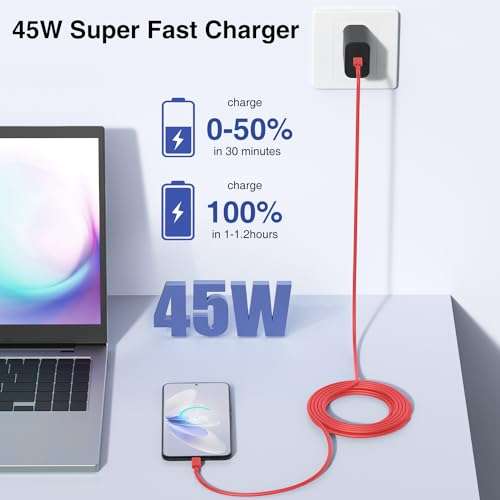 45W Super Fast Charger USB C for Samaung,6FT Samsung Type C Charger Fast Charging Cable for Samsung Galaxy S24+Ultra,Long USB C Cord Android Phone Charger for Samsung Galaxy S23 S22 S21+Ultra-Red 2