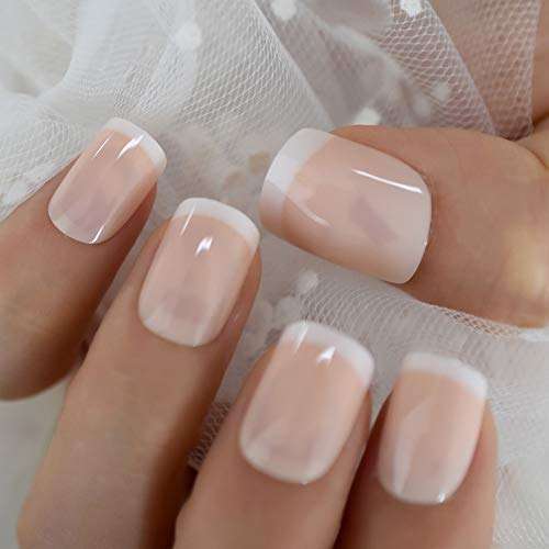 Beige French Nails White Tip Squoval False Nails Short Medium Size Ladies Artificial Manicure Tips for Daily Wear 3