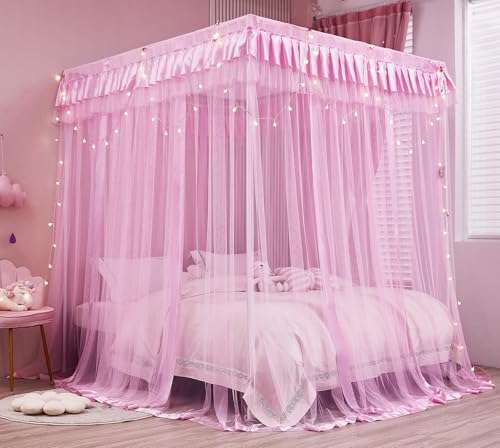 Mengersi Bed Canopy for Girls,Canopy Bed Curtains Canopy for Bed Drapes,Princess Bed Curtains Birthday Present Girls Room Decor,Pink 3