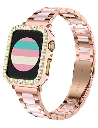 Wearlizer Compatible with Apple Watch Band 40mm/41mm with Case Upgraded Resin Metal Band Stainless Steel Buckle with Bling Crystal Rhinestone Cover for iWatch Series SE/7/6/5/4(Gold+Pink)