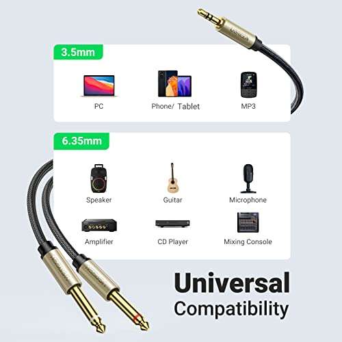 UGREEN 1/8 to 1/4 Stereo Cable 3.5mm TRS to Dual 6.35mm 1/4 TS Mono Y Splitter Audio Cord Adapter Compatible with iPhone, PC, Computer Sound Card, Mixer, Multimedia Speaker, Home Stereo System 6.6FT 6