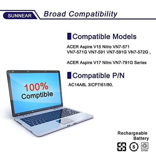 SUNNEAR AC14A8L Battery Replacement for ACER Aspire V15 Nitro VN7-571 VN7-571G VN7-591 VN7-591G VN7-572G V17 Nitro VN7-791G Series Laptop 3ICP7/61/80 11.4V 52.5Wh 4605mAh 5