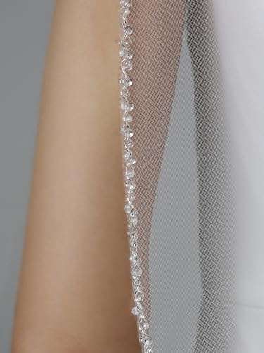 1T 1 Tier Crystals Pearls Beaded Wedding Veil (Elbow Length 30" White) 3
