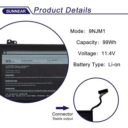 SUNNEAR 9NJM1 Laptop Battery for Dell Alienware 15 R3 R4 17 R4 R5 Series Dell ALW17C Series 0546FF 0HF250 44T2R HF250 MG2YH 0MG2YH, Dell P31E P69F Series 11.4V 3-Cell 3