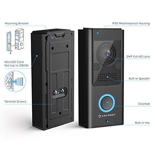 Amcrest 1080P Video Doorbell Camera Pro, Outdoor Smart Home 2.4GHz WiFi Doorbell Camera (Wired Power), MicroSD Card, PIR Motion Detect, RTSP, IP55 Weatherproof, 2-Way Audio, 140º Wide-Angle AD110 3