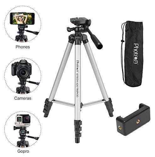 Photron Stedy 420 Tripod 127 cm (50 Inch) with Mobile Holder for Smart Phone, Camera, Mobile Phone | Extends to 1240mm (4 Feet) | Folds to 425mm(1.4 Feet) | Weight Load Capacity: 2.5kg | Case Included, Silver 3