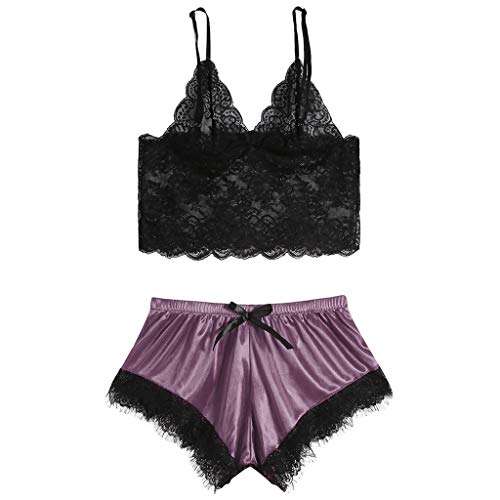 FEDULK 3PCs Women Sexy Lace Lingerie Intimates Nightwear Underwear Sleepwear Dress Suits(Purple, Large) 3