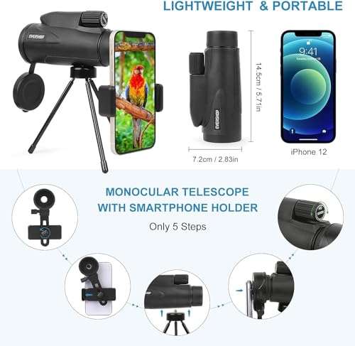 Monocular Telescope with Low Night Vision for Adults Kids,12X50 High Power Mini Zoom Monoculars with Smartphone/iPhone Adapter Tripod,Gifts for Bird Watching Hunting Camping Traveling Star Sports 5