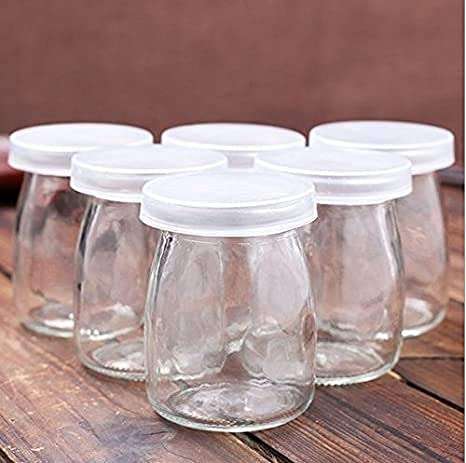 JIRLY Clear Transparent Glass Pudding Jars Containers with Pe Lids Caps for Honey Candy Yogurt Milk Jam (150ml, Pack of 6)