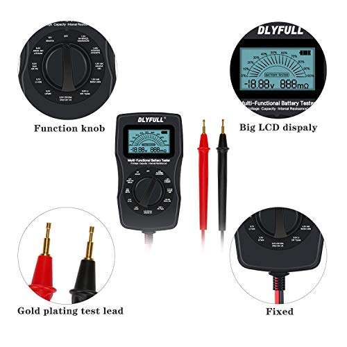 Universal Battery Checker Tester with Leads LCD Display, Battery Capacity Voltage Resistance Tester for AAA AA C D 9V Digital 12V 3.7V Li-ion 18650 CR123A CR2032 Button Cell Batteries More 6